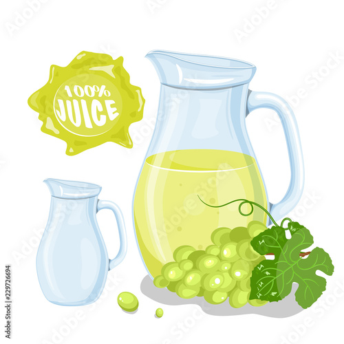 Vector set of natural fresh grapes jar in bank and grapes isolated on white. Healthy organic fruit drink, cocktail, lemonade for healthy life,
