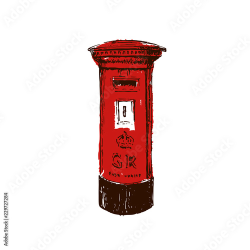 traditional, British, red, Royal Mail pillar box. Sketch style ink pen.