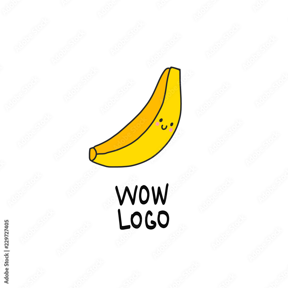 Banana cute logo with kawaii face fruits andnatural food illustration