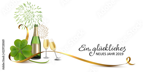Silvester 2019 Banner - Grußkarte mit Sekt, Sektgläser, Klee, Feuerwerk und Gold Band
