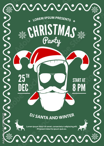 Christmas party invitation, flyer or poster design with Santa Claus hat, beard and glasses. Vector illustration.