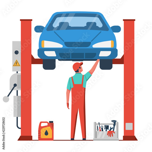 Car repair service. Mechanic at work in garage. Tire service, diagnostics, replacement spare parts. Vector illustration flat design. Isolated on white background. Professional is under auto.