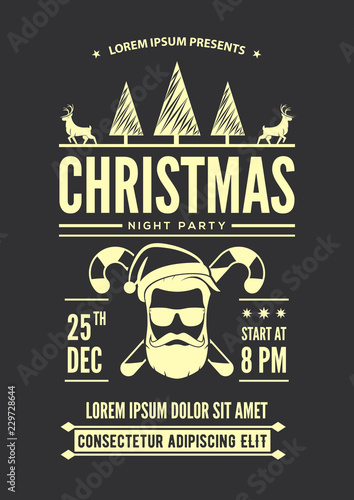 Christmas night party invitation, flyer or poster design with Santa Claus hat, beard and glasses. Vector illustration.