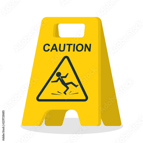 Floor sign of danger. Wet floor sign. Cleaning in progress. Falling silhouette man is on the floor. Pictogram of danger. Vector illustration flat design. Isolated yellow symbol on white background.