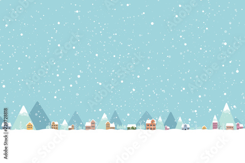 The town in the snow falling place flat color 001