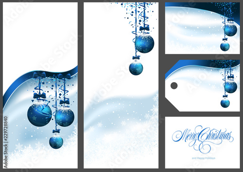 Blue Christmas Greetings Set wit Front and Back Design and Gift Tag and Christmas Card and Christmas Calligraphic Text - Abstract Illustrations, Vector