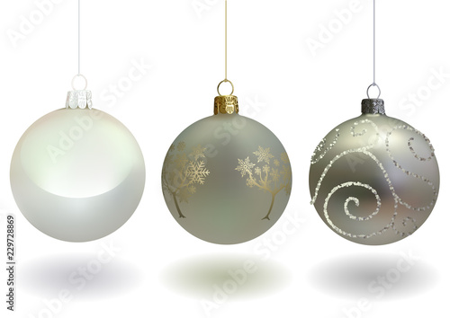 White Christmas Ball Set for Your Project - Xmas Ornament with Glossy Golden Pattern and Glitters Decorative Vine Shapes and Pearly White Bauble, Vector
