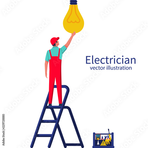 Electric is standing on the ladder screwing the lamp. Vector illustration flat design. Connecting power. Vector flat design. Professional electrician. Man in uniform at high-altitude work.