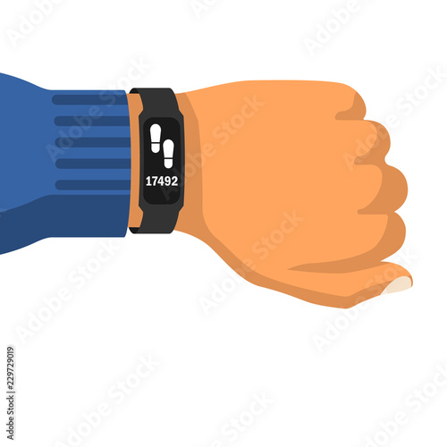 Fitness tracker on hand. Sport accessories smart band. Pedometer with activity indicator. Heartbeat pulse meter. Sport bracelet. Vector illustration flat design. Isolated on white background. photo