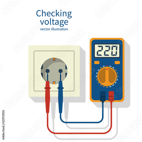 Measuring electricity in a socket using a multimeter. Digital multimeter with LCD display 220 voltage. Vector illustration flat design. Isolated on white background. Multimeter and socket.