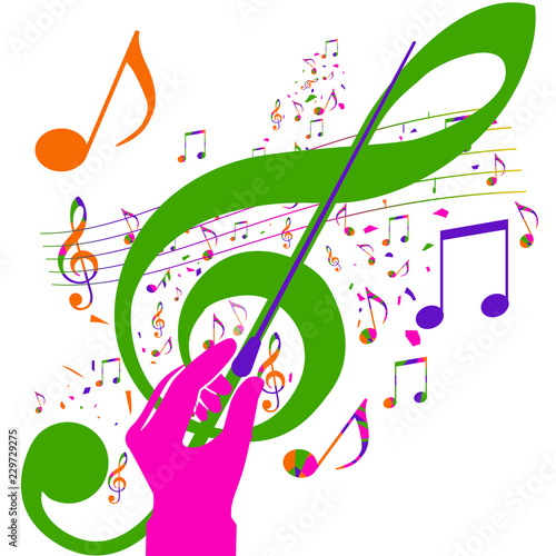 Colorful music background. Abstract hands of conductor orchestra. Conductor's stick. Musical notes template. Vector illustration flat design. Maestro composer.