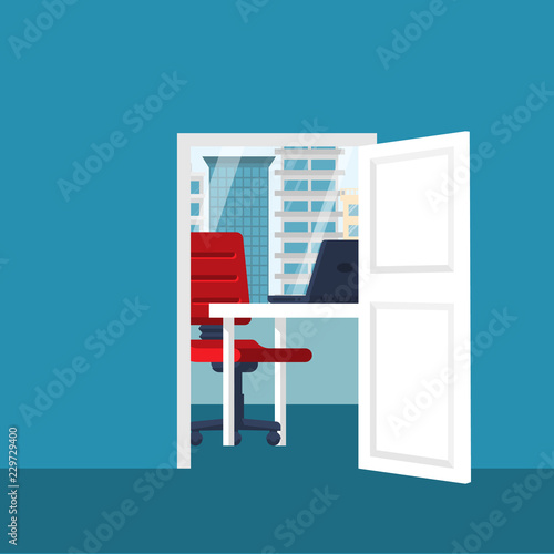 Open door office. Workplace with an empty chair in office with a window and a view of the skyscrapers of the city. Vector illustration flat design. Isolated on white background.