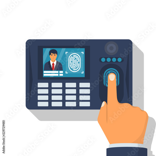 Finger print scan. Authorization in security system. Human hand scanning finger. Access control. Vector illustration flat design. Isolated on white background. Identification of person.