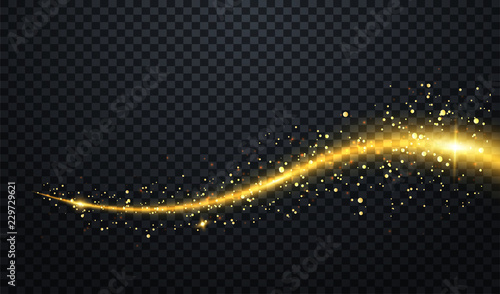 Golden particles wave or comet trail wave with sparkling light effect on vector transparent background