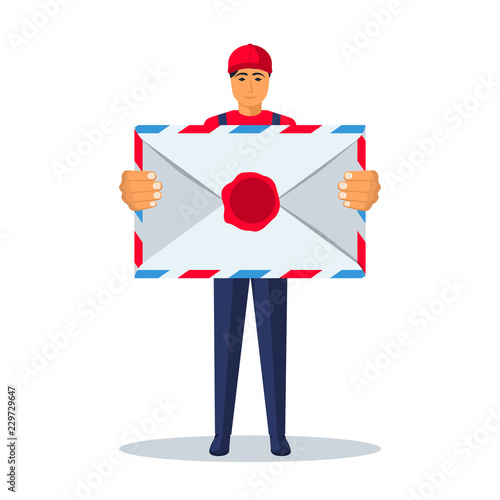 Postman with a large envelope in his hands. White envelope with a seal. Delivery mail. Vector illustration flat cartoon design. Mailman in uniform isolated on white background.