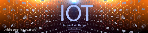 	 Internet of things (IoT) and networking concept for connected devices. Spider web of network connections with on a futuristic blue background. IOT icons