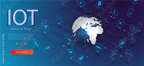 	 Internet of things (IoT) and networking concept for connected devices. Spider web of network connections with on a futuristic blue background EPS10