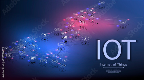  Internet of things (IoT) and networking concept for connected devices. Spider web of network connections with on a futuristic blue background