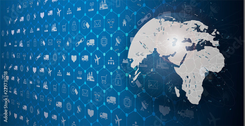 	 Internet of things (IoT) and networking concept for connected devices. Spider web of network connections with on a futuristic blue background
