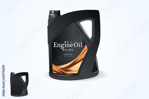 Bottle engine oil on a background a motor-car piston, Technical illustrations. Realistic 3D vector image