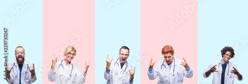 Collage of group professionals doctors wearing medical uniform over isolated background shouting with crazy expression doing rock symbol with hands up. Music star. Heavy concept.