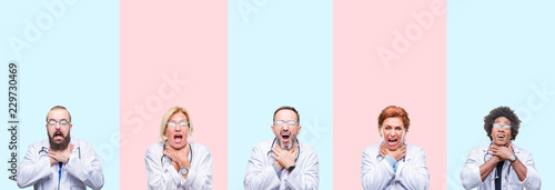 Fotografía Collage of group professionals doctors wearing medical uniform over isolated background shouting and suffocate because painful strangle