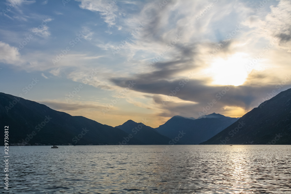 Sunset over the Bay of Kotor in Montenegro