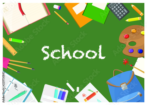 Back to school. School board with school supplies: books, pens, notebook, pencils, paper etc. Top view.
