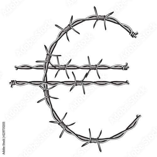 symbol Euro sign made of barbed wire. isolated on white background