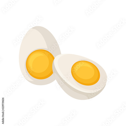 Two halves of hard-boiled egg isolated on white background. Healthy product. Cooking ingredient. Flat vector icon