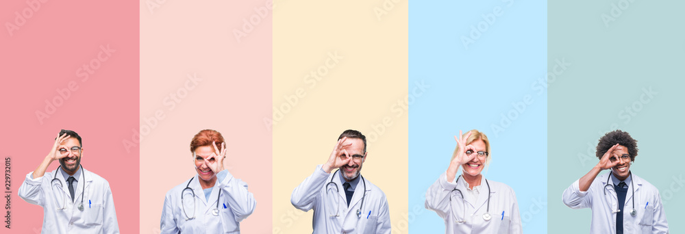 Fototapeta premium Collage of professional doctors over colorful stripes isolated background doing ok gesture with hand smiling, eye looking through fingers with happy face.