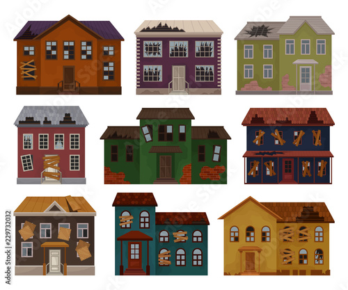 Flat vector of old houses with destroyed roof and broken windows. Facades of abandoned buildings. Big two-storey cottages