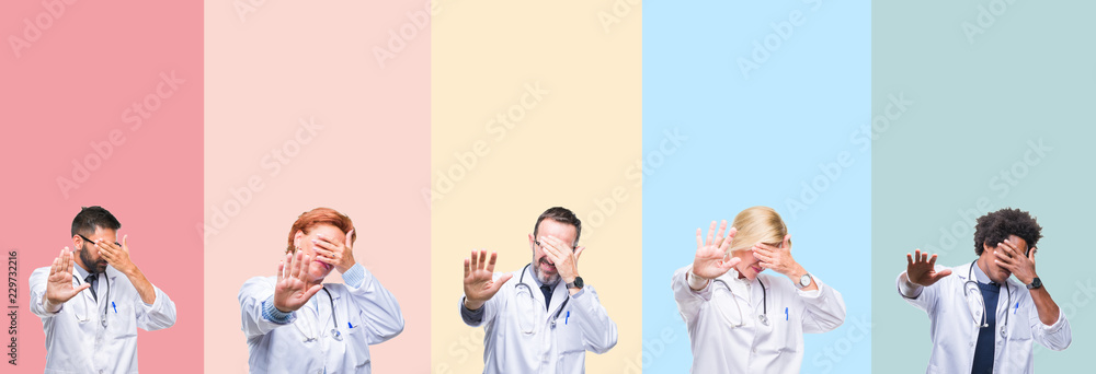 Fototapeta premium Collage of professional doctors over colorful stripes isolated background covering eyes with hands and doing stop gesture with sad and fear expression. Embarrassed and negative concept.