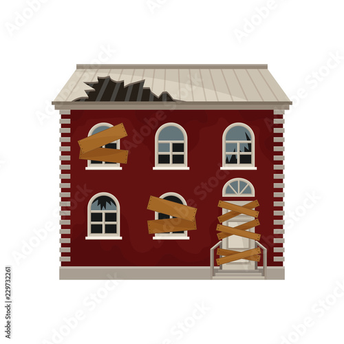Old red house with broken roof and boarded up windows and door. Two-storey building. Big abandoned home. Flat vector icon