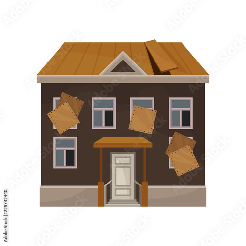 Old house with broken roof and boarded up windows. Facade of abandoned building. Private home. Flat vector icon