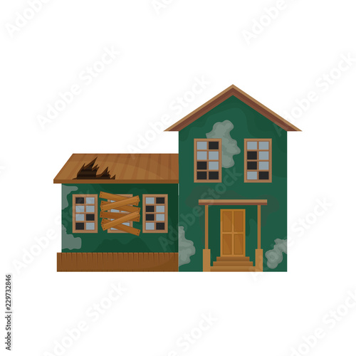 Green house with peeling paint, broken roof and windows. Abandoned home. Private home. Old building. Flat vector design