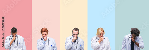 Collage of professional doctors over colorful stripes isolated background feeling unwell and coughing as symptom for cold or bronchitis. Healthcare concept.