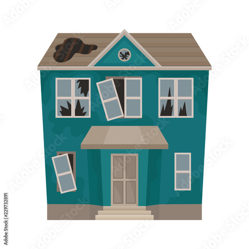 Big house with broken windows panes and hole in roof. Abandoned building. Old two-storey cottage. Flat vector icon