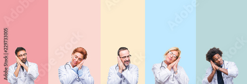 Collage of professional doctors over colorful stripes isolated background sleeping tired dreaming and posing with hands together while smiling with closed eyes.