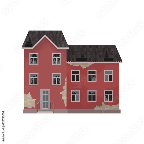Big abandoned mansion. Old house with peeling paint, broken roof and windows. Flat vector element for mobile game