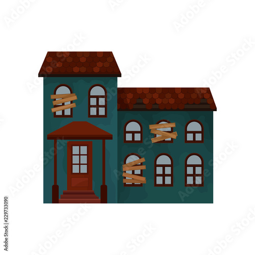 Old green house with broken roof and boarded-up windows. Private building. Two-storey abandoned cottage. Flat vector icon