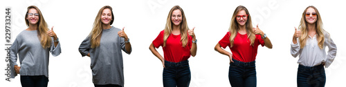 Collage of young beautiful blonde woman over isolated background doing happy thumbs up gesture with hand. Approving expression looking at the camera with showing success. © Krakenimages.com