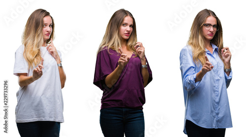 Collage of young beautiful blonde woman over isolated background disgusted expression, displeased and fearful doing disgust face because aversion reaction. With hands raised. Annoying concept.