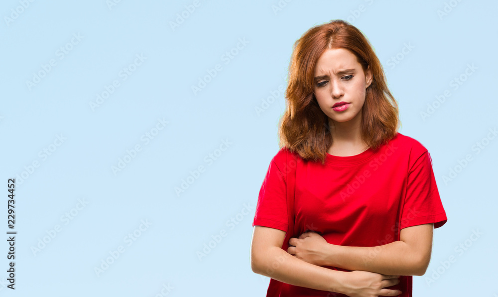 Young beautiful woman over isolated background with hand on stomach because nausea, painful disease feeling unwell. Ache concept. Young beautiful woman over isolated background with hand on stomach because nausea, painful disease feeling unwell. Ache concept.