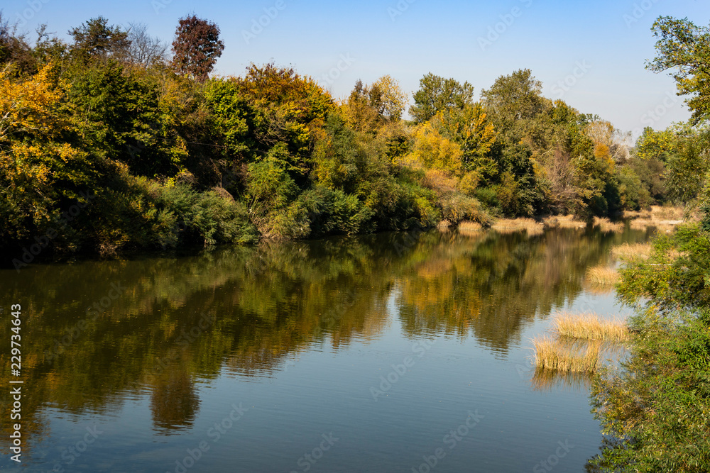Autumn landscape is reflected in the mountain river Psekups. Sunny day in the resort area of Goryachiy Klyuch. Krasnodar region. Excellent natural background for any idea.
