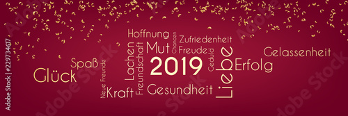 2019 Wort-Wolke - goldene Konfetti auf rotem Hintergrund