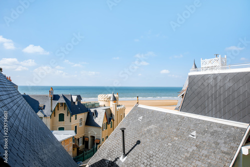 Fototapeta Naklejka Na Ścianę i Meble -  Rooftops of the luxury houses near the beach in Trouville, famous french resort in Normandy