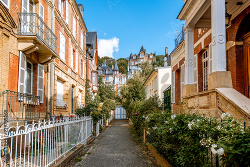 Street view with luxury buildings in the center of the old town of Trouville, famous french town in Normandy