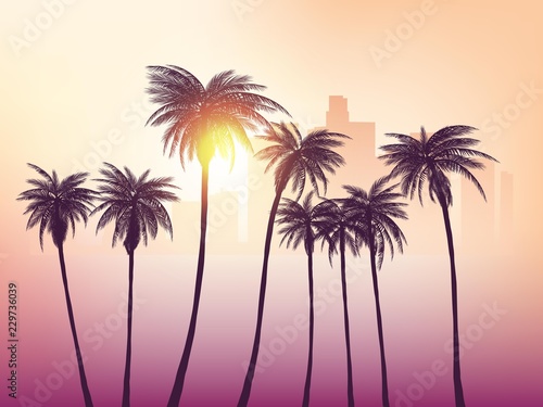 Los Angeles skyline with palm trees in the foreground © evrimdoga