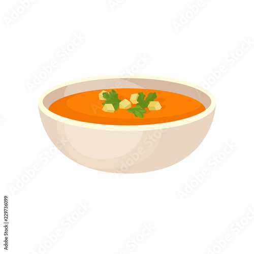 Pumpkin cream soup with cream in a bowl, traditional Thanksgiving food vector Illustration on a white background